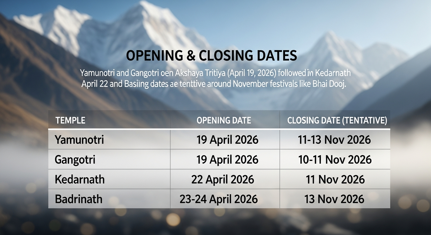 Char Dham 2026 opening and closing dates for Yamunotri, Gangotri, Kedarnath and Badrinath
