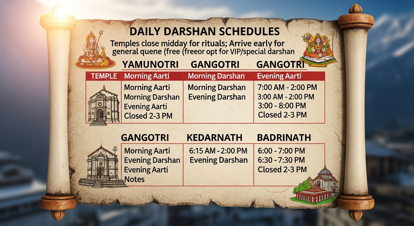 Daily darshan schedules and aarti timings for Char Dham temples in 2026