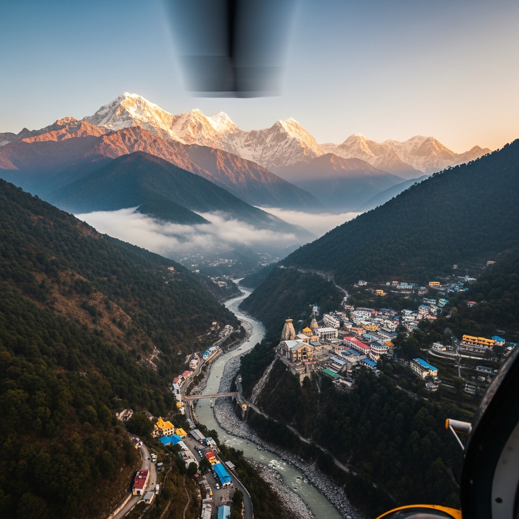 View from a helicopter window over the Himalayan valleys and a riverside town below — the in-flight experience of Char Dham yatra.