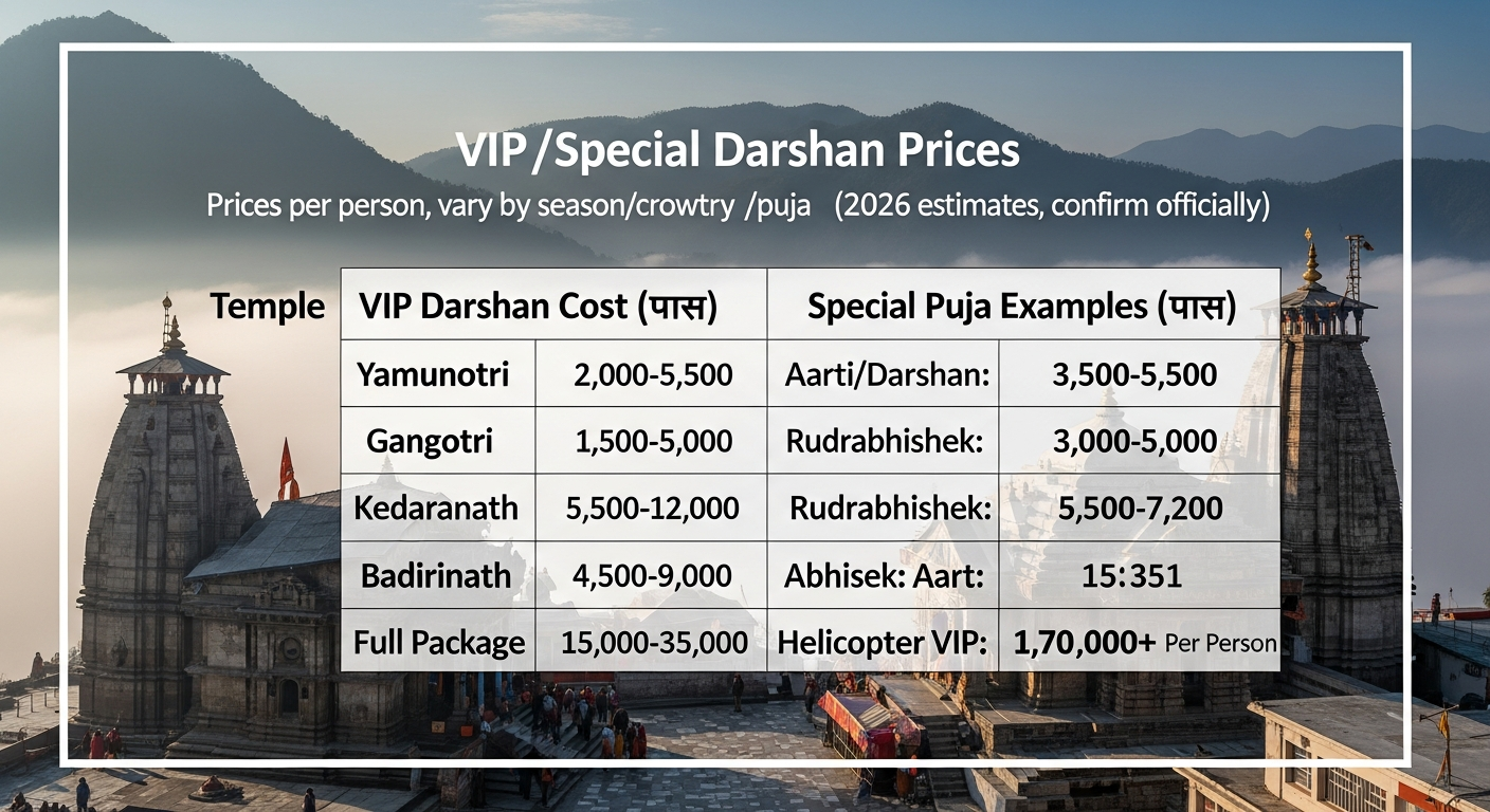 Char Dham VIP and special darshan prices for Yamunotri, Gangotri, Kedarnath and Badrinath in 2026